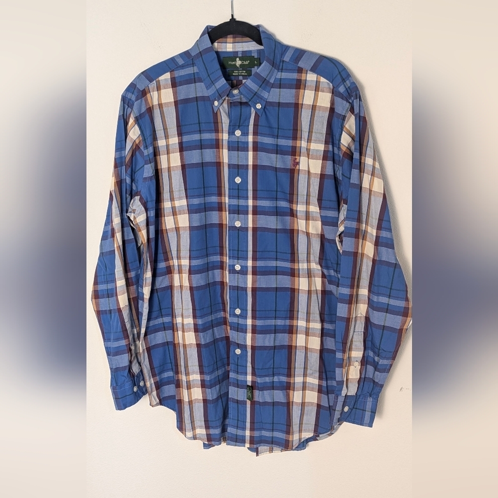 Hunt Club Shirt Mens L Blue Plaid Long Sleeve Button Up Shirt Horse EUC